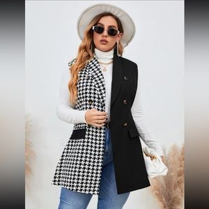 Plus Houndstooth Print Shawl Collar Double Breasted Vest Blazer